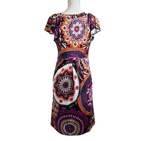 Sunny Leigh Print Dress Orange Purple Gray Tie Neckline Size Medium - Picture 3 of 9